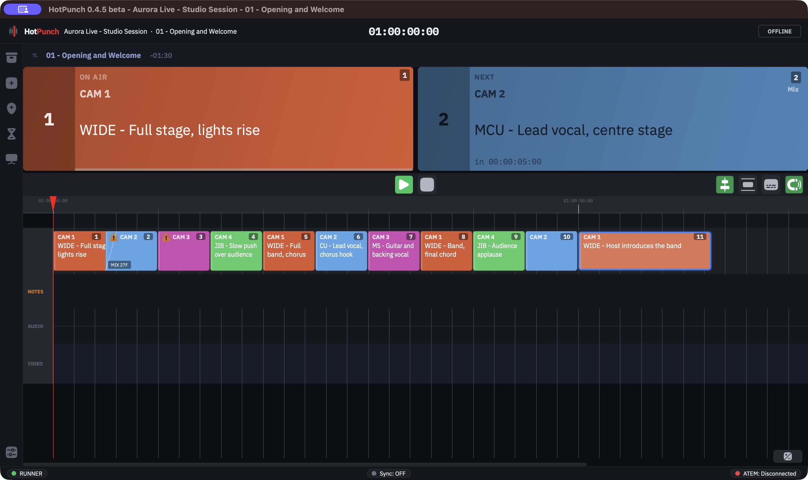 Main window with a timeline of camera cues