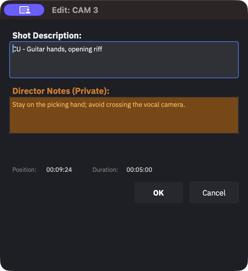 Cue editor with shot description and private notes