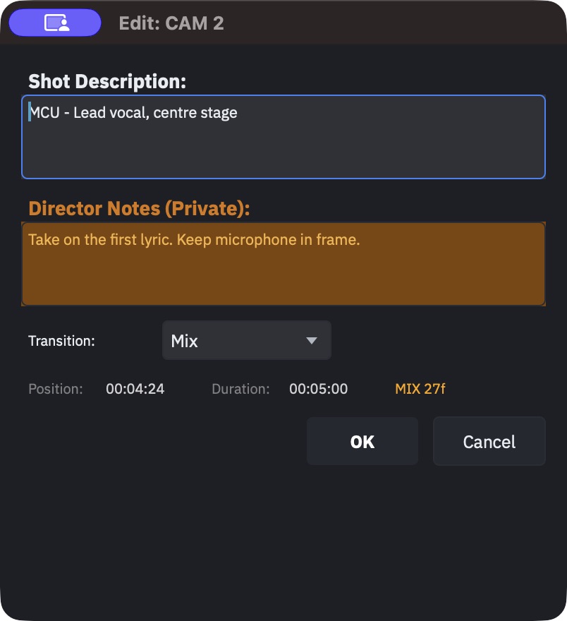 Cue editor showing the Transition field set to Mix