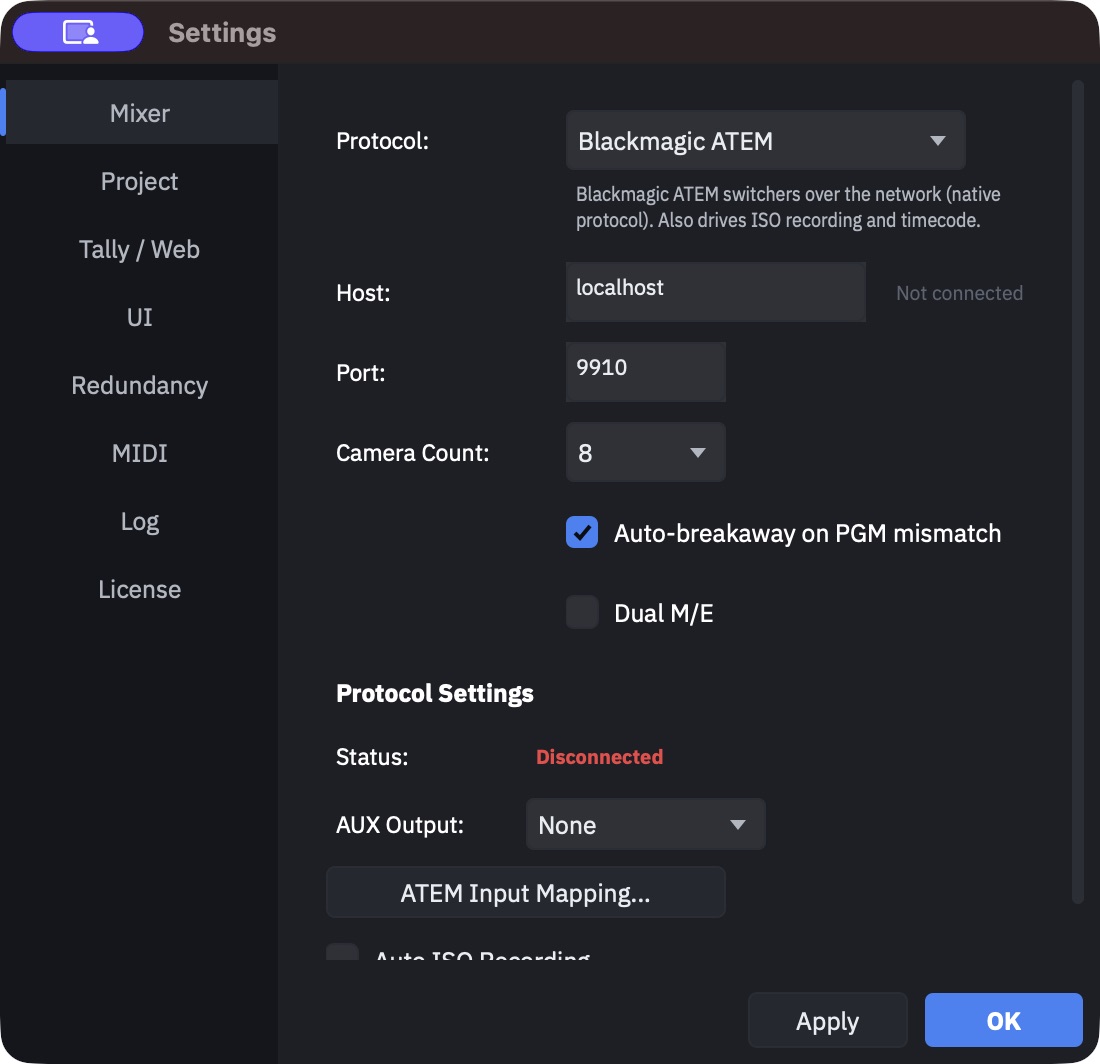 Mixer tab with localhost in the host field