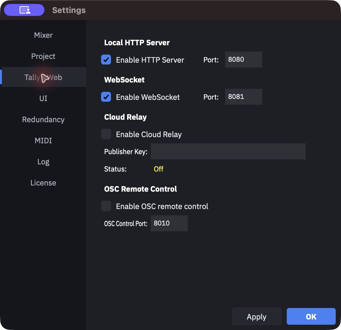 Tally / Web settings tab