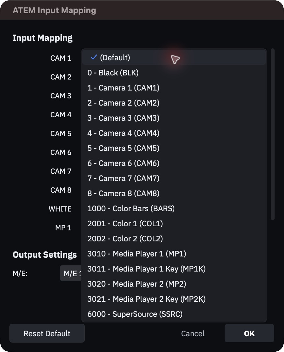 ATEM Input Mapping window with the input list open