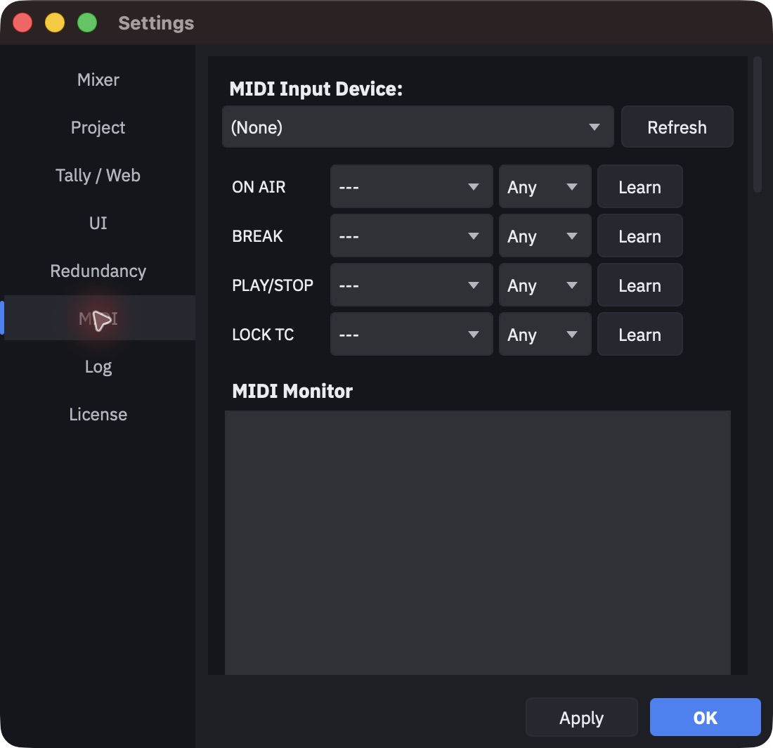 MIDI settings tab