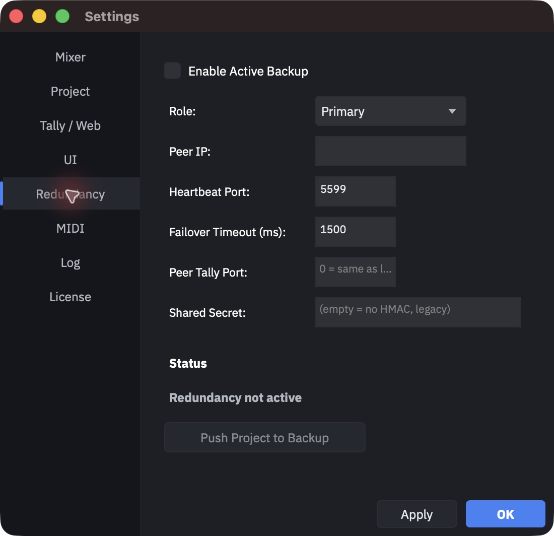 Redundancy settings tab
