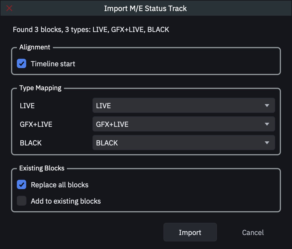 Import M/E Status Track dialog