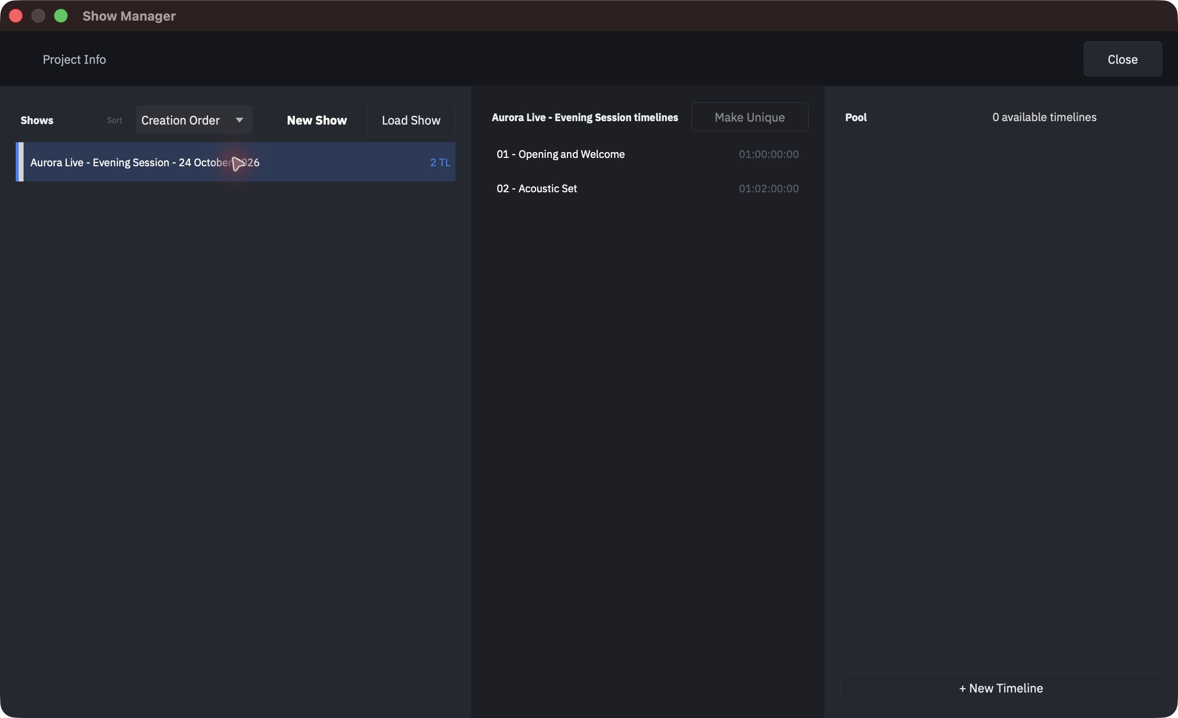 Show Manager with one show and two timelines