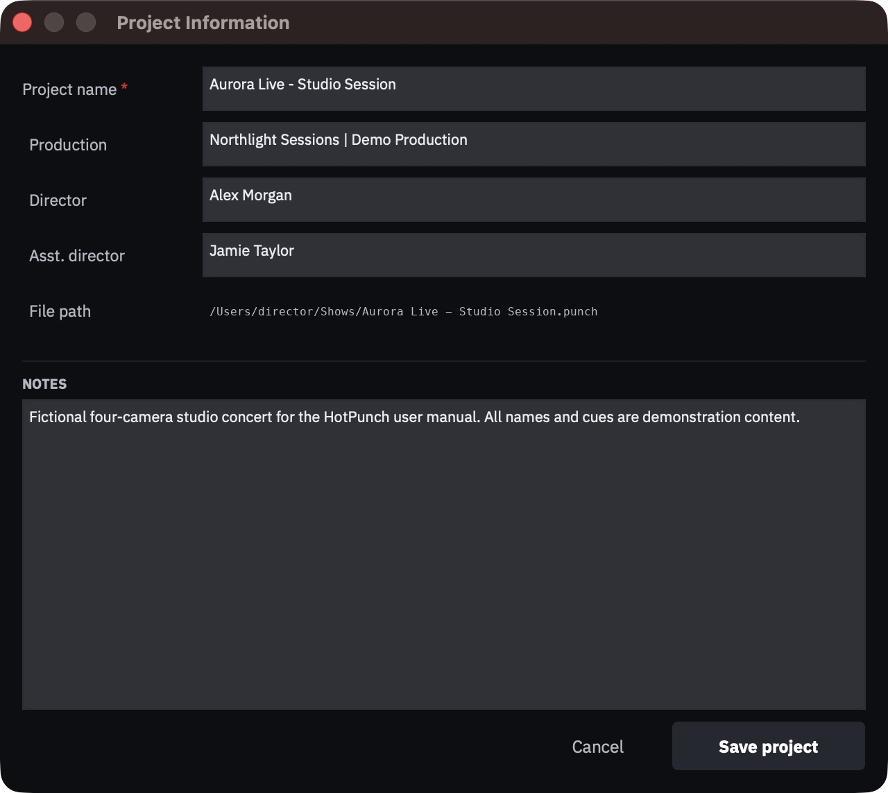 Project Information dialog