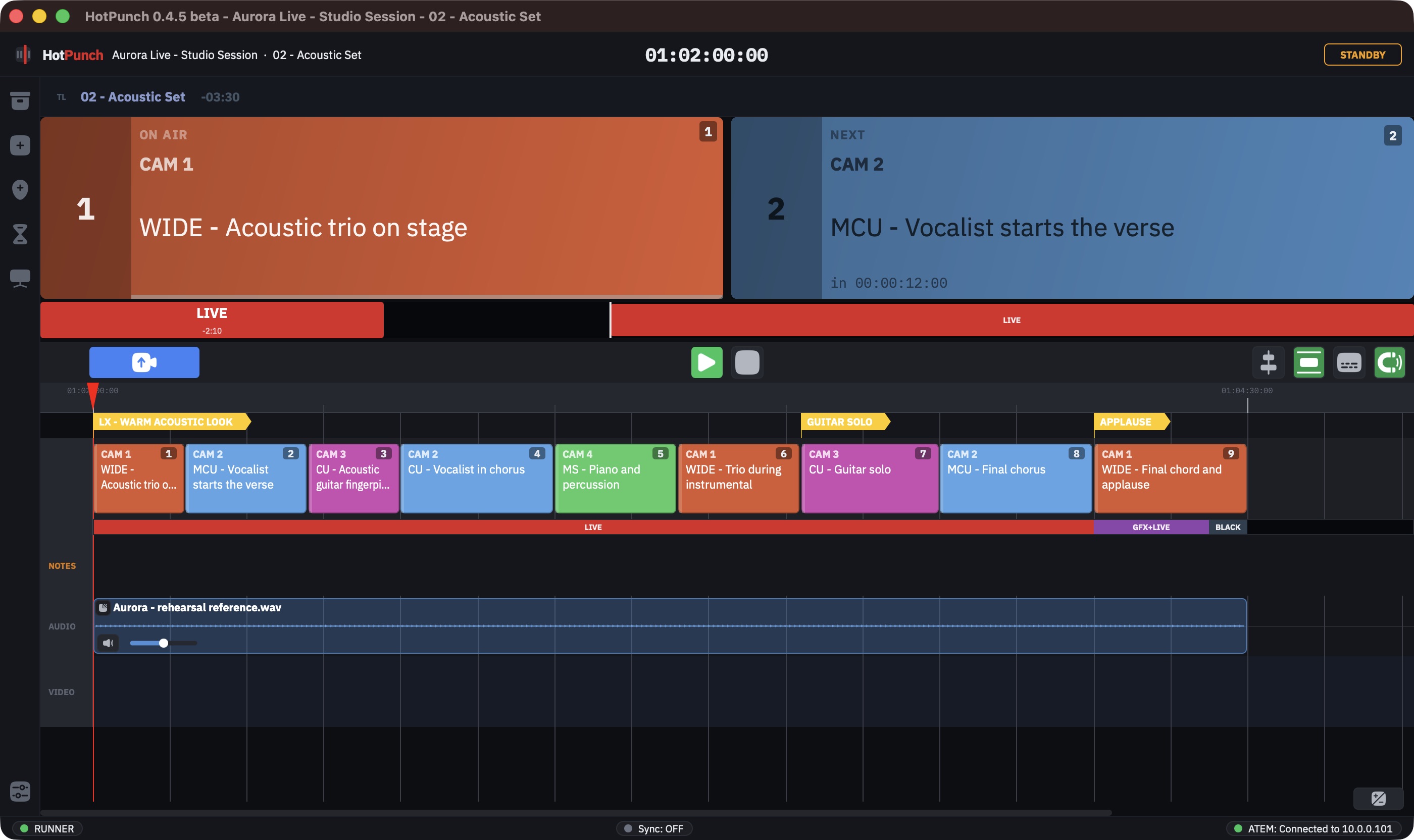 Timeline with a reference audio track under the cues