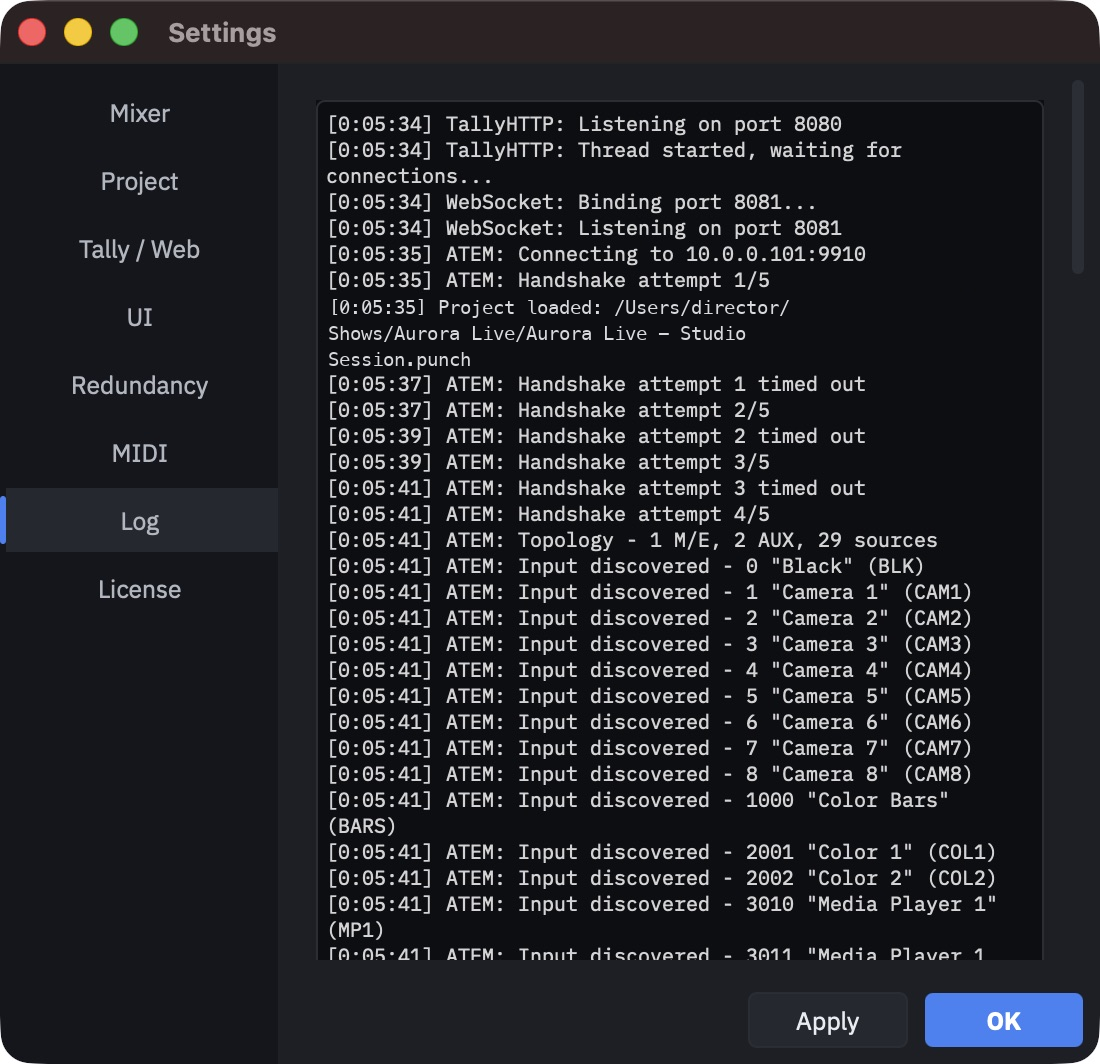 Settings, Log page