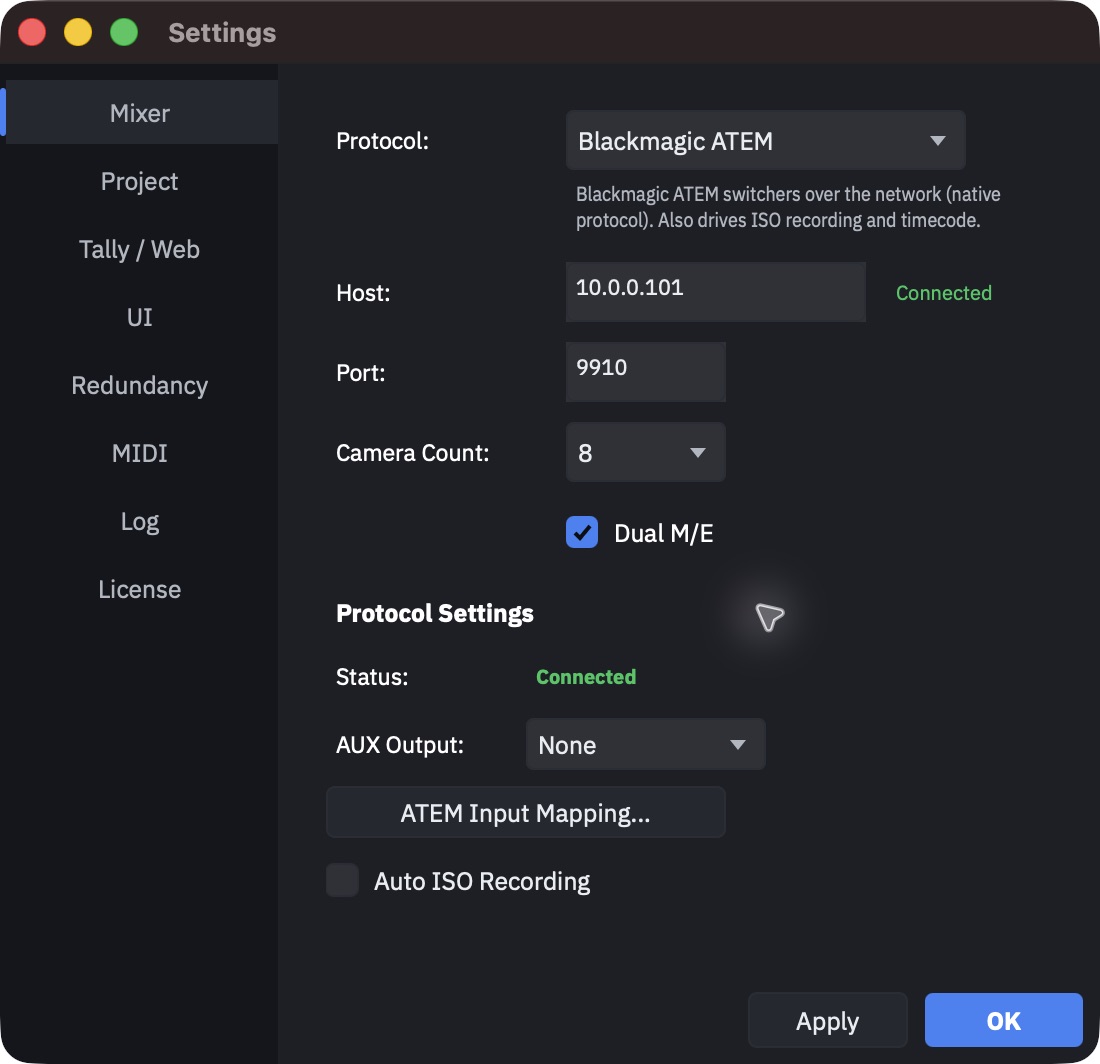 Mixer tab with Dual M/E checked