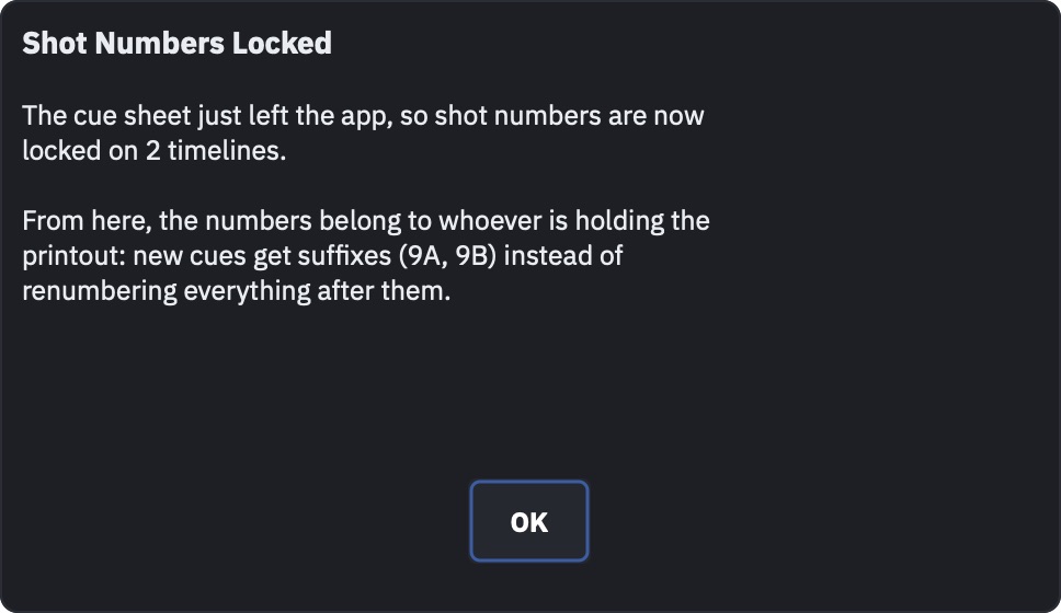 Shot Numbers Locked dialog
